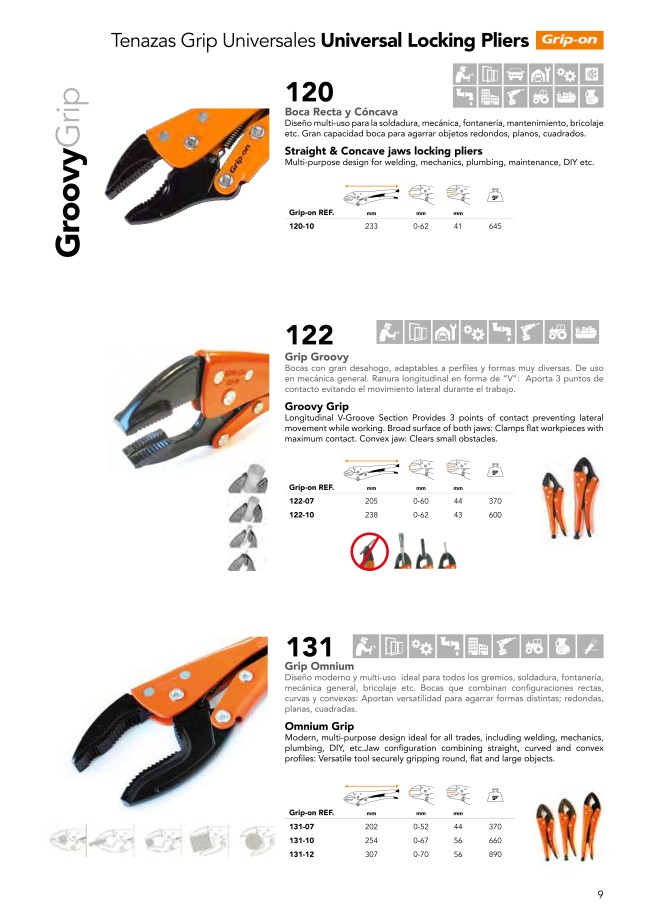 Grip Pliers Grooved Tip Specification from GRIPONTOOLS MISUMI