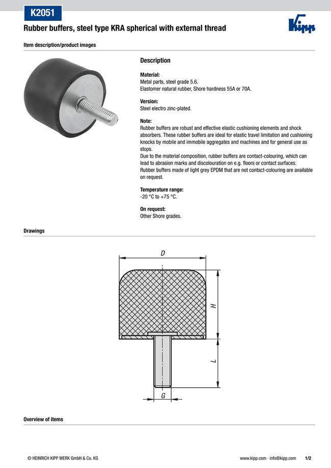 Rubber buffers, Steel type KRA spherical with External thread (K2051) from  KIPP | MISUMI