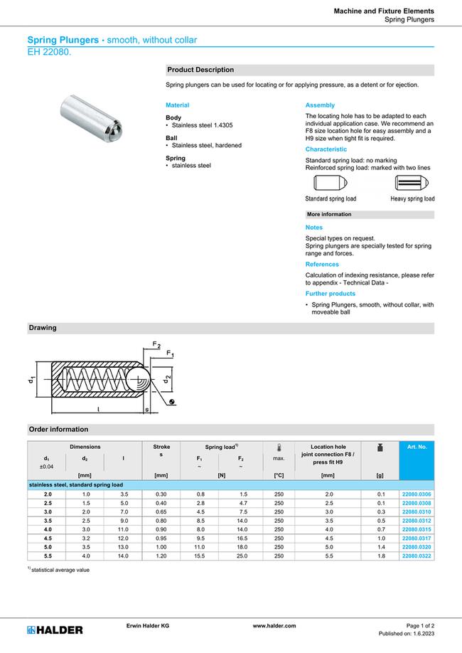 Halder Spring Plug Spring Plunger For Press Fit, Smooth from HALDER | MISUMI