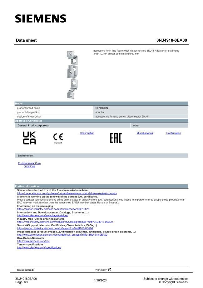 Siemens 5SG7230 Neozed-Lasttrennleiste D02 63A 3P 400V SS60 Siemens 5SG7230 Neozed-Lasttrennleiste D02 63A 3P 400V SS60